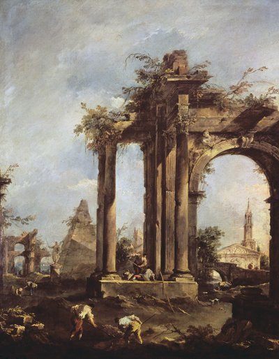 Capriccio met Romeinse ruïnes, een piramide en figuren door Francesco Guardi